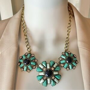 J. Crew Chunky Brass-Tone Necklace Turquoise-color Statement Rhinestone Accents